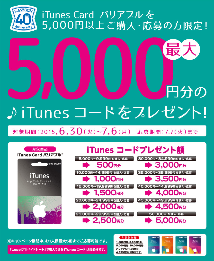 ローソン iTunes Card バリアブル キャンペーン スタートのお知らせ