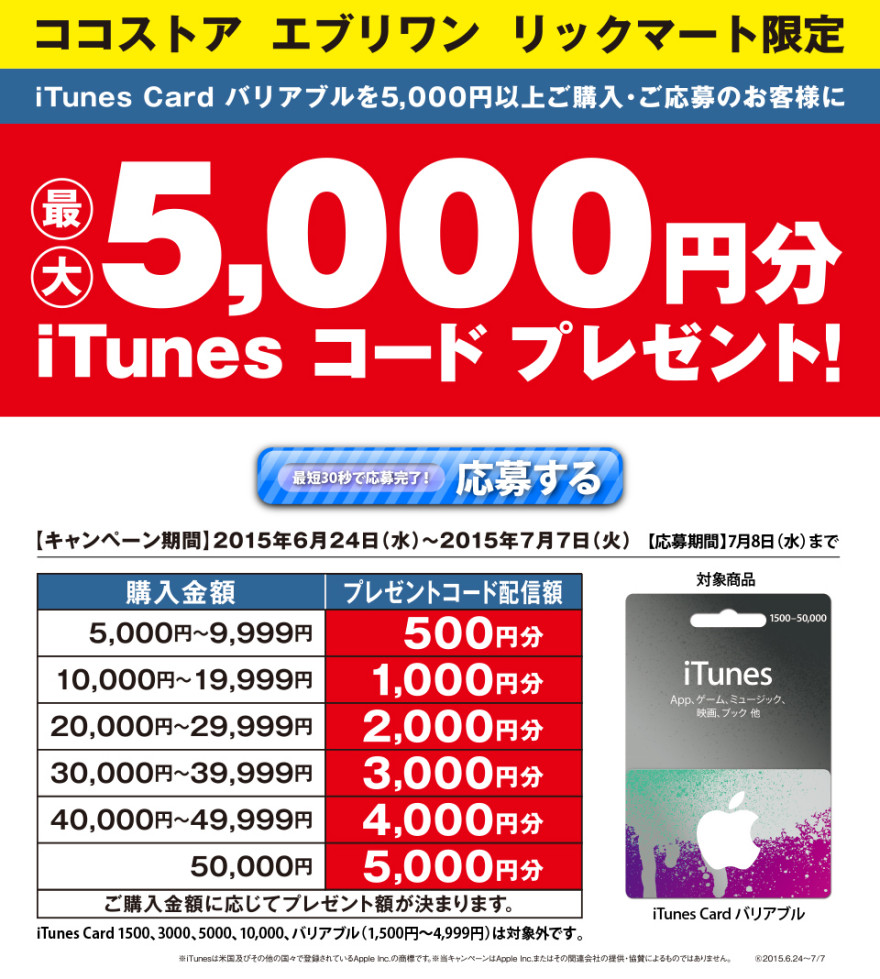 ココストアグループ iTunes Card バリアブル キャンペーンスタートのお知らせ