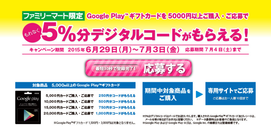 ファミリーマート　Google Play デジタルコードキャンペーン スタートのお知らせ