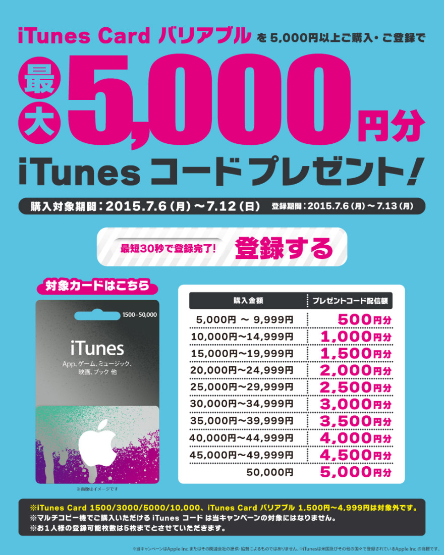 セブン−イレブン iTunes Card バリアブルプレゼントキャンペーンのお知らせ
