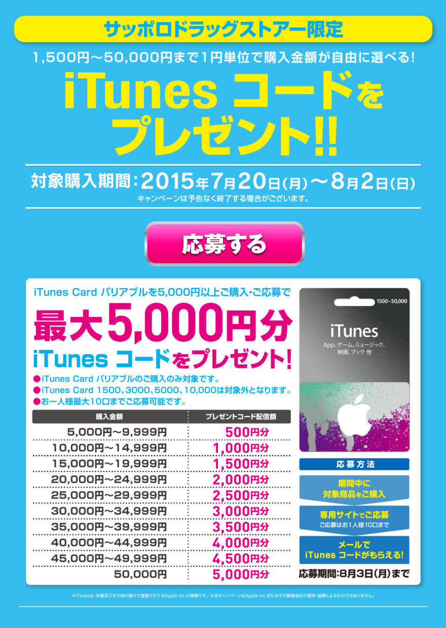 サッポロドラッグストアー iTunes Card バリアブル キャンペーンのお知らせ