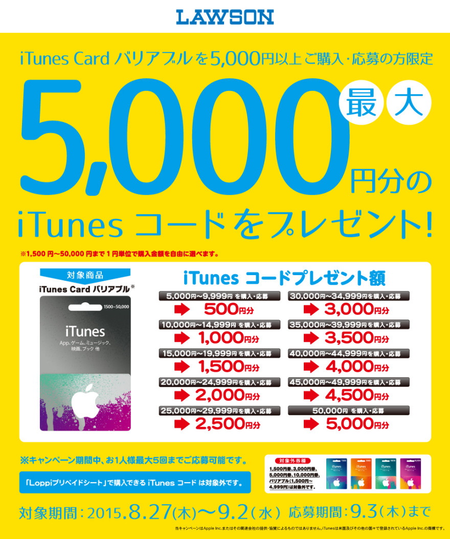 ローソン iTunes Card バリアブル キャンペーンスタートのお知らせ