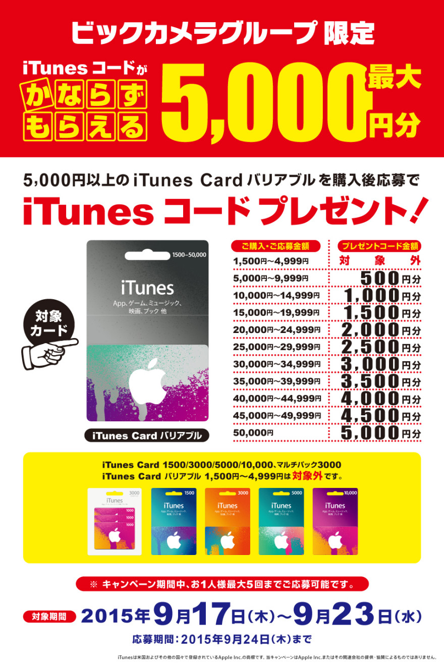 ビックカメラ iTunes Card バリアブルキャンペーンスタートのお知らせ