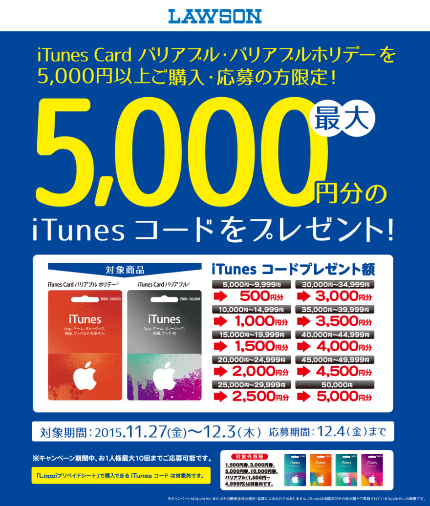 ローソン iTunes Card バリアブルキャンペーン！お知らせ