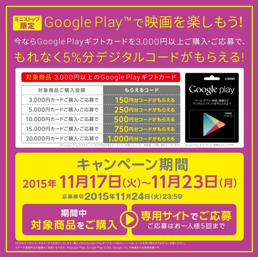 ミニストップ Google Play デジタルコードプレゼント☆キャンペーン！スタートのお知らせ