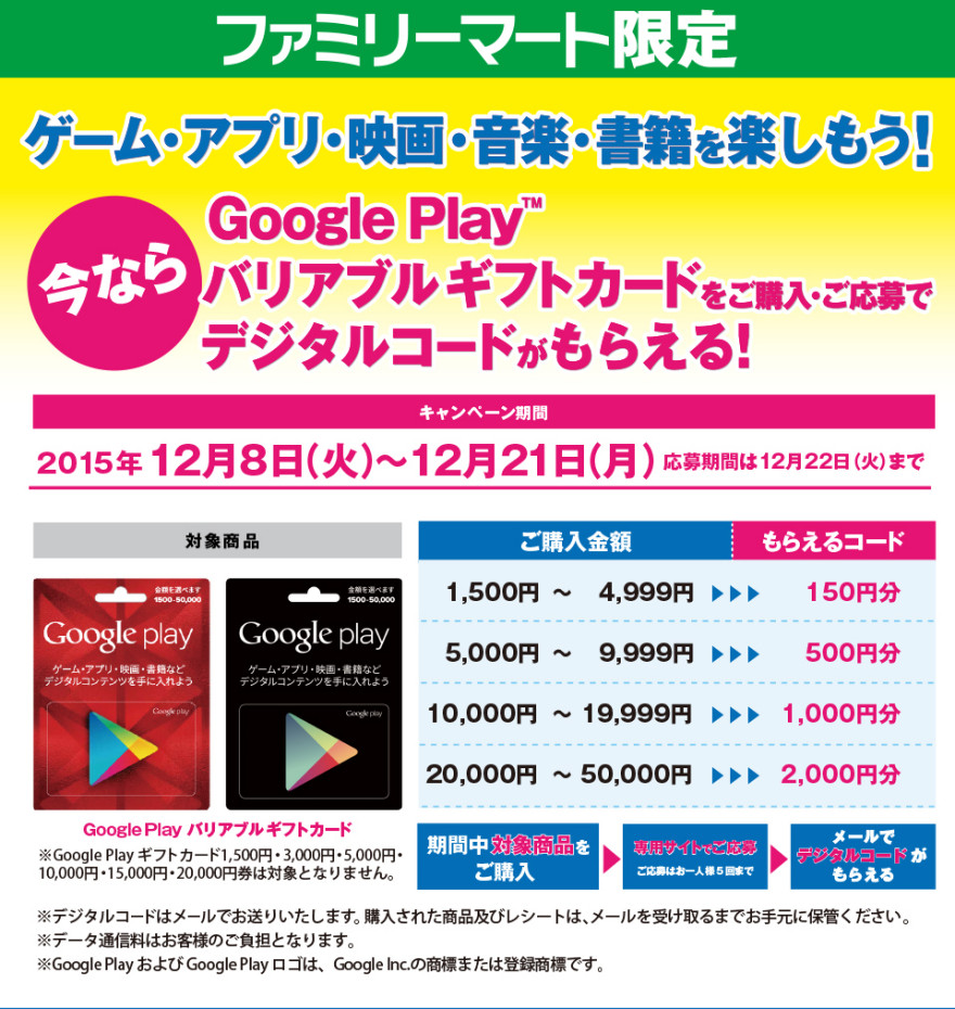 ファミリーマート Google Play(TM) コードプレゼントキャンペーン！お知らせ