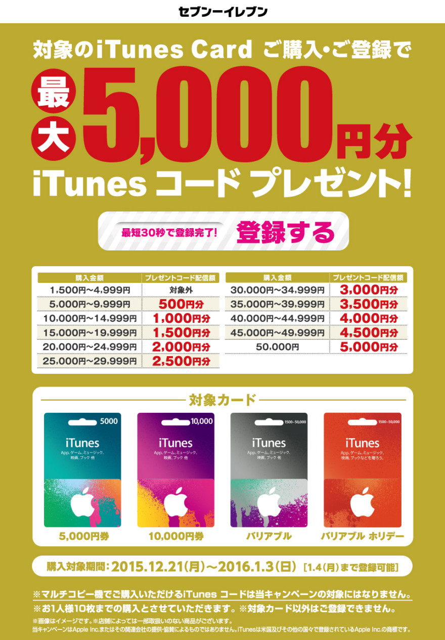 セブンーイレブンiTunesコード プレゼントキャンペーン！お知らせ