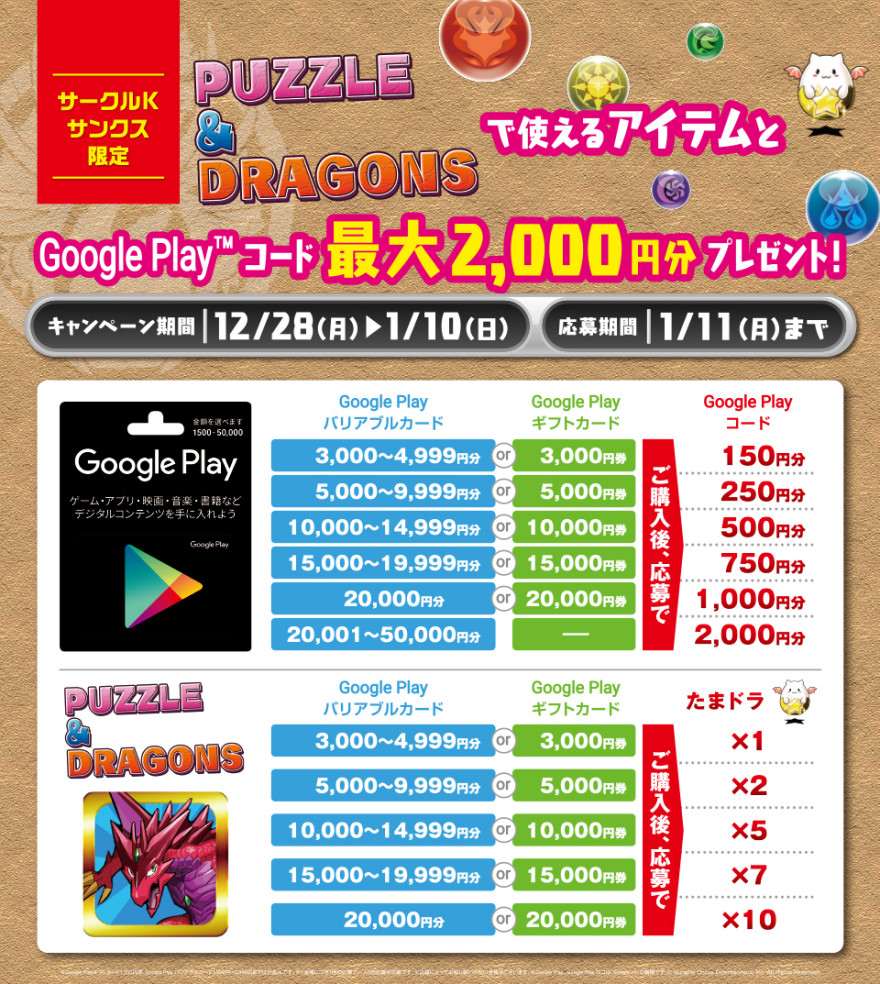 サークルK・サンクス Google Play(TM) ギフトカード『 PUZZLE&DRAGONS 』キャンペーン！お知らせ