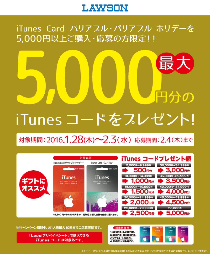 ローソン iTunes Card バリアブルキャンペーン！！お知らせ