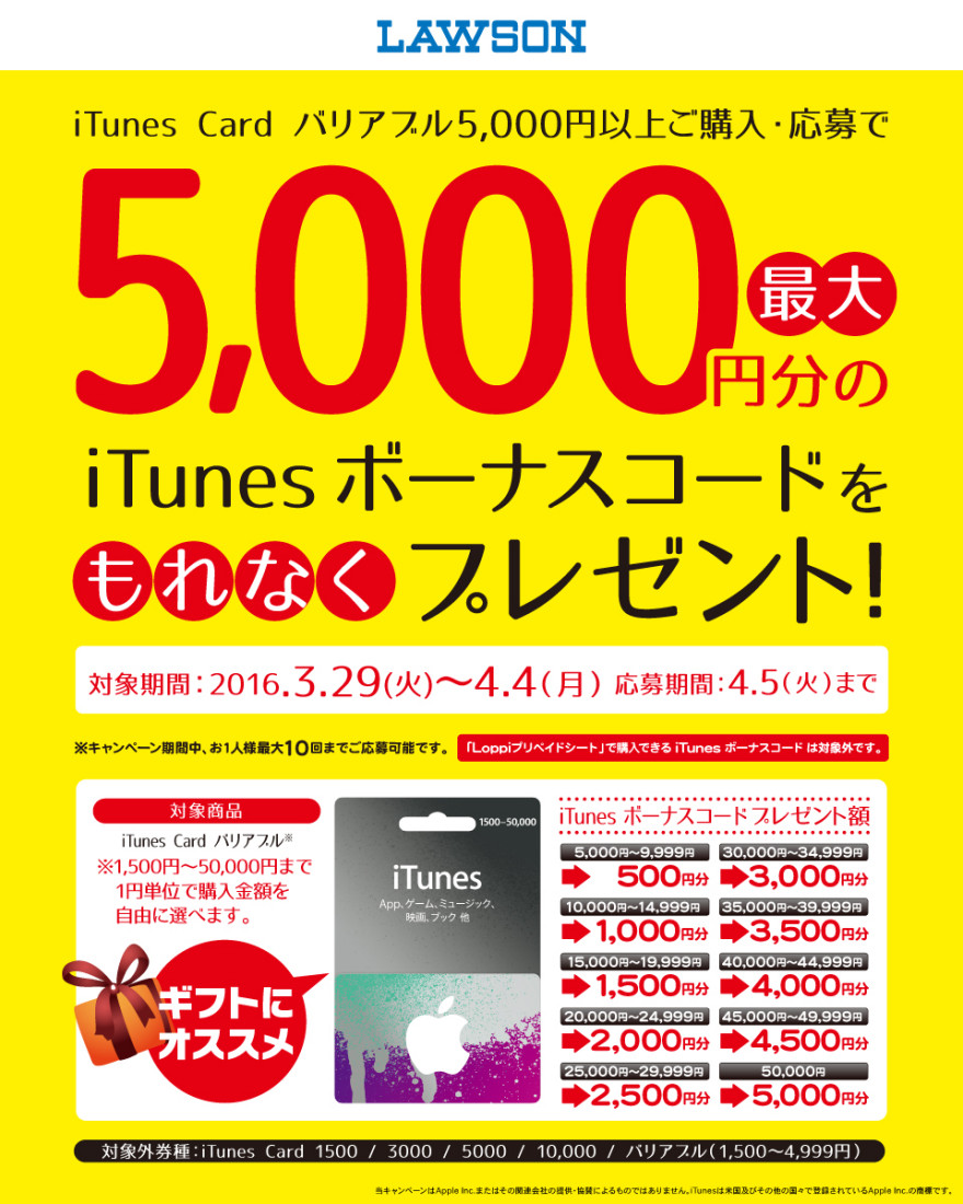 ローソン iTunes Cardキャンペーン！のお知らせ