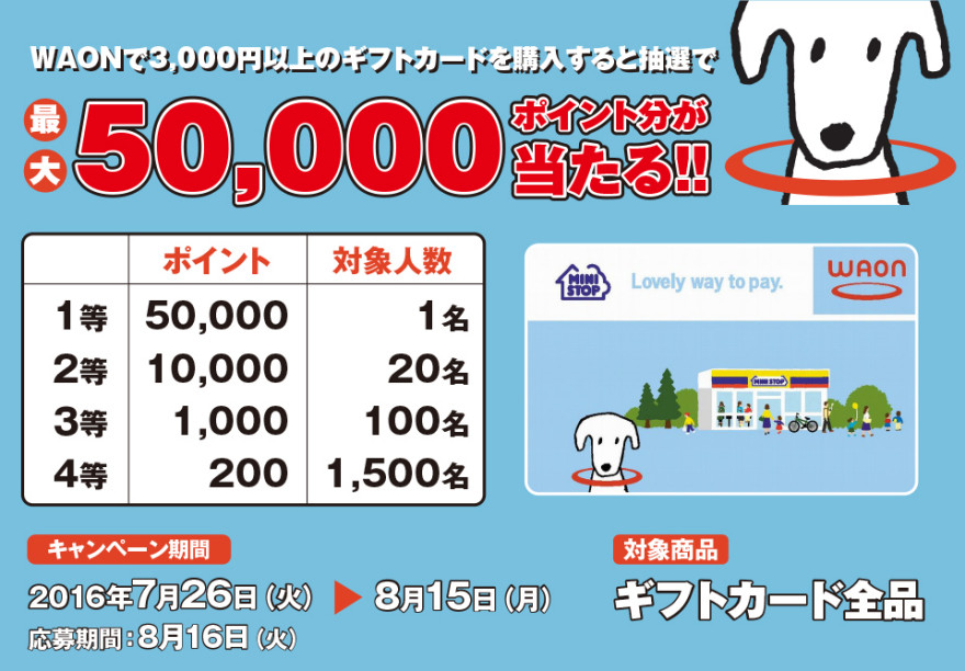 WAONで3,000円以上のギフトカードを購入すると抽選で最大50,000ポイントプレゼント!!お知らせ