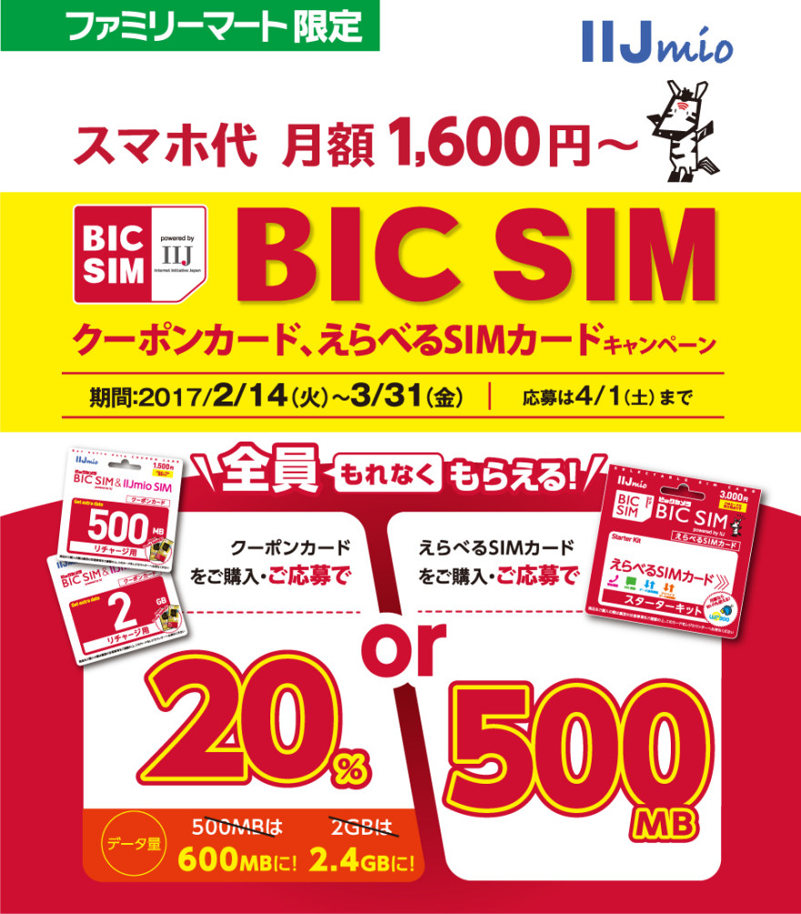 ファミリーマート IIJmio BIC SIM えらべるSIMカード、クーポンカードキャンペーン！お知らせ