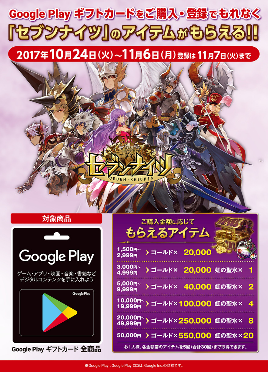 Google Play ギフトカード セブンナイツキャンペーン！お知らせ