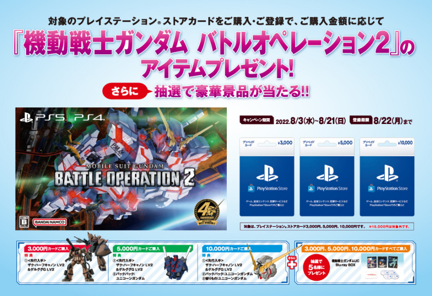 プレイステーション ストアカード 『機動戦士ガンダム バトルオペレーション２』アイテム先行入手キャンペーン お知らせ