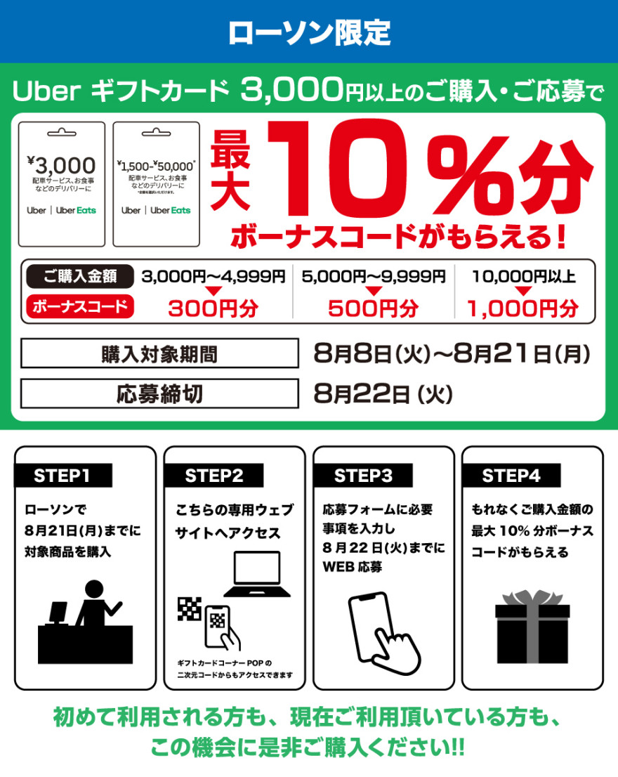 ローソン｜Uber ギフトカードご購入で最大10％分のボーナスコードプレゼントキャンペーン お知らせ