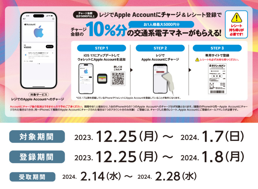 セブン‐イレブン｜Apple Account チャージ 交通系電子マネープレゼントキャンペーン お知らせ