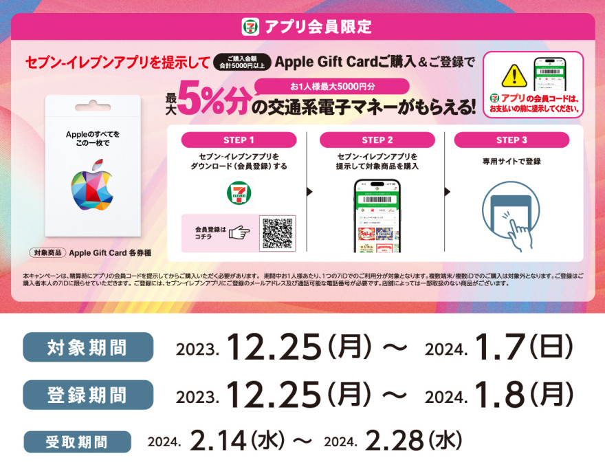 セブン‐イレブン｜Apple Gift Card 交通系電子マネープレゼントキャンペーン お知らせ