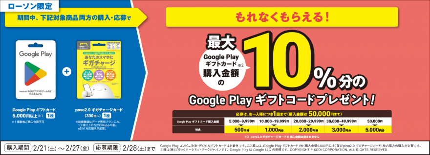 ローソン|『Google Play ギフトカード&povo2.0 ギガチャージカード』キャンペーン ローソン|『Google Play ギフトカード&povo2.0 ギガチャージカード』キャンペーン